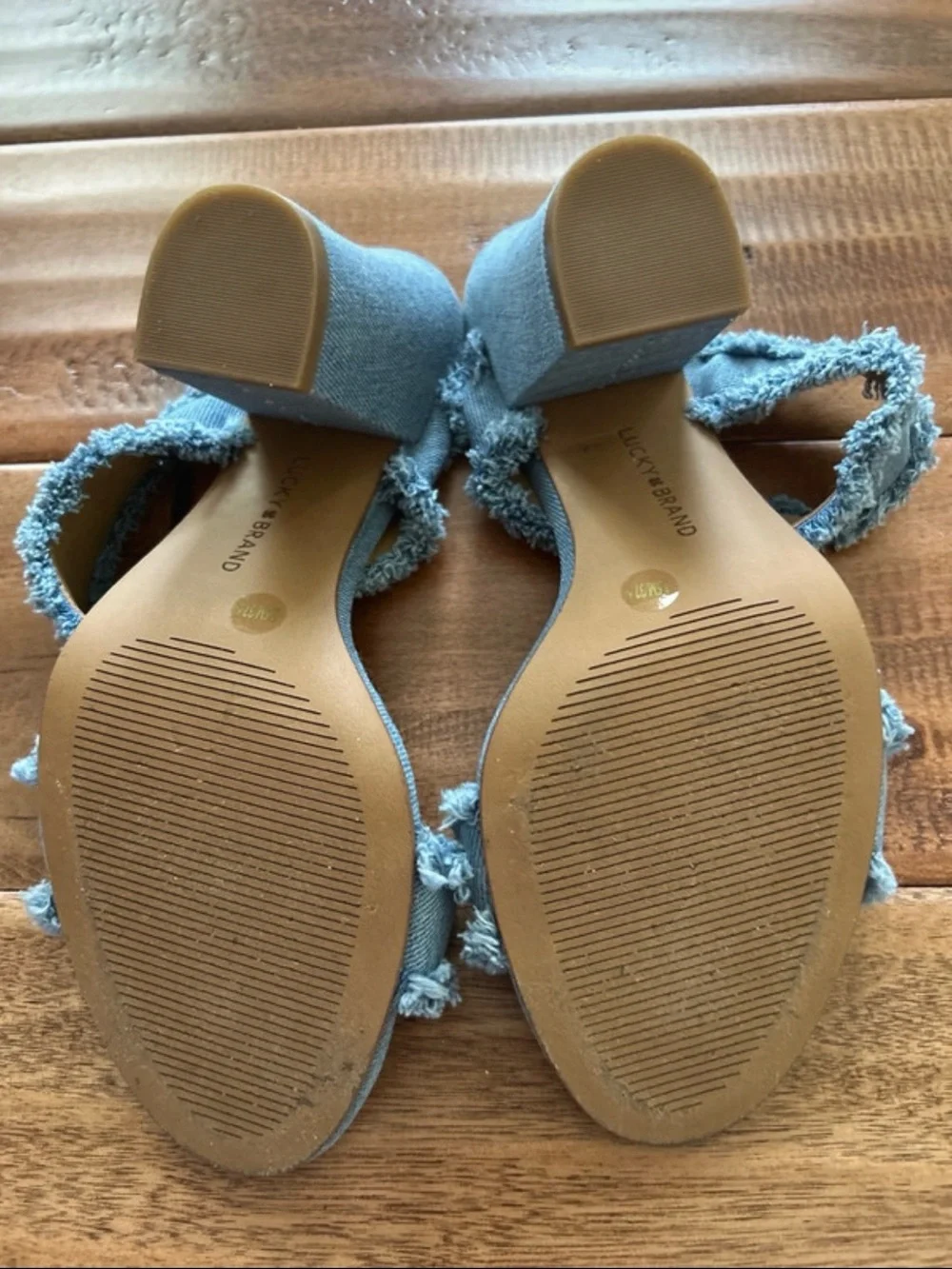 Lucky Brand Light Blue Denim Frayed Strap Heeled Sandals